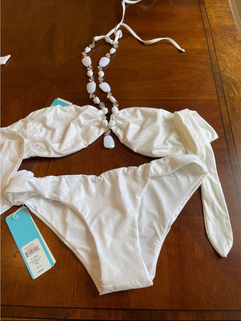 NWOT large top, XL bottoms halter white beaded bikini mermaid bikini - Picture 3 of 8